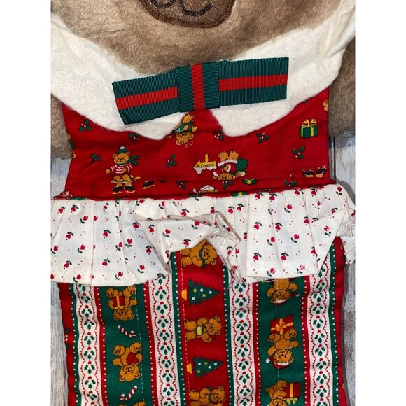 Vintage Handmade Teddy Bear Christmas Hanging Stocking w/ Festive Pattern & Bow - Picture 4 of 11